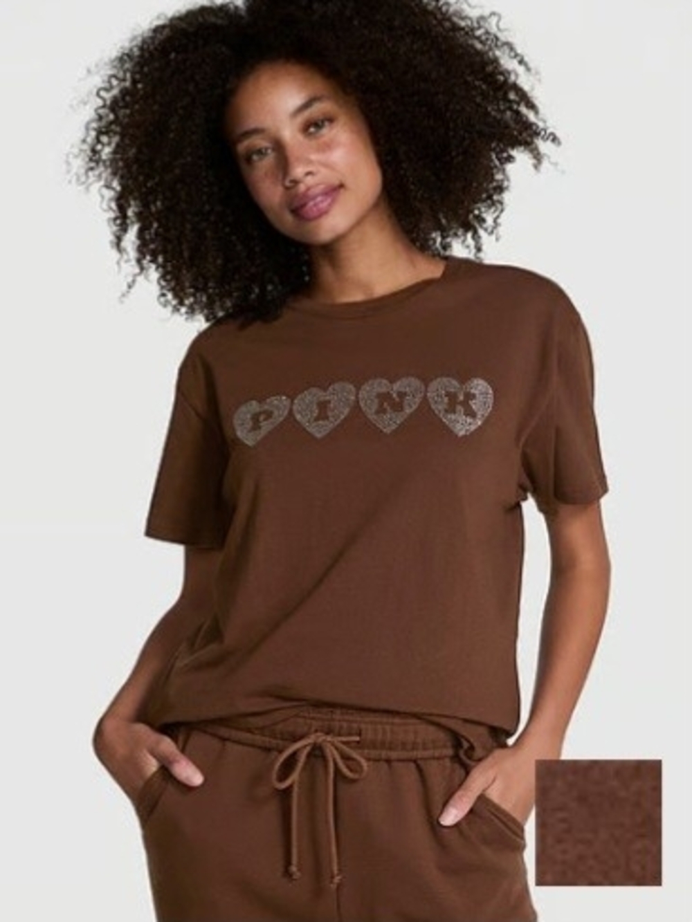 PINK Victoria's Secret Brown Heart Graphic Short-Sleeve Tee Relazed Fit Suze XS